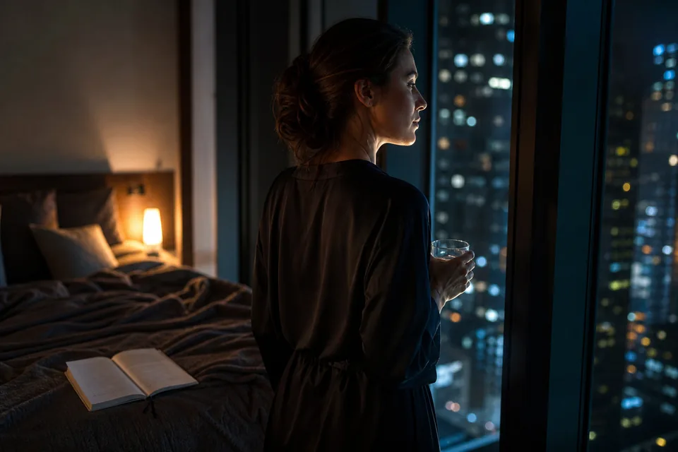 Adult woman in a silk robe at a night time apartment window with a glass of water and an open notebook