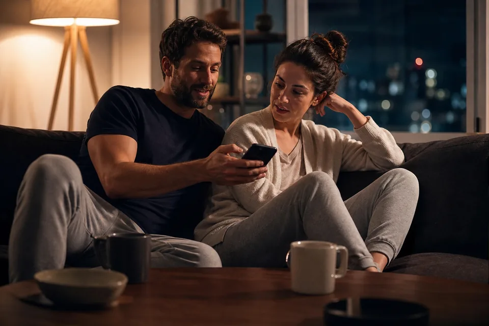 Adult couple sitting on a sofa at night talking, each holding a phone, warm lamp and blue window light