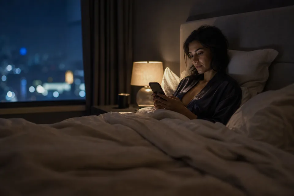 Adult woman in a robe reading on her phone in bed at night with a bedside lamp