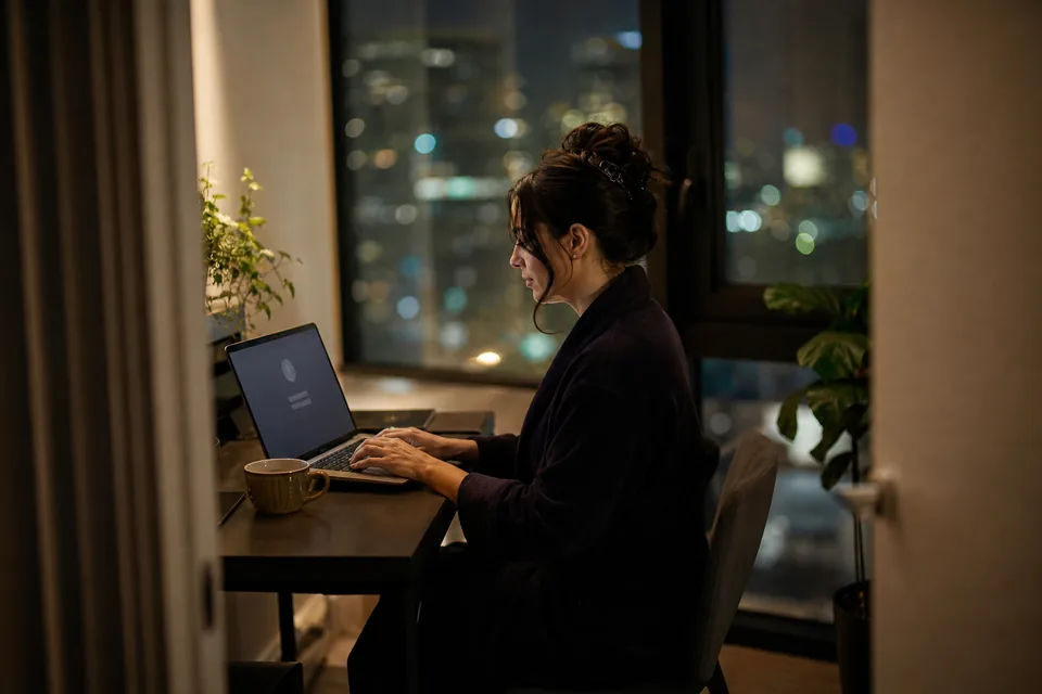 Adult woman at a night time apartment window typing on a laptop with a cup of tea