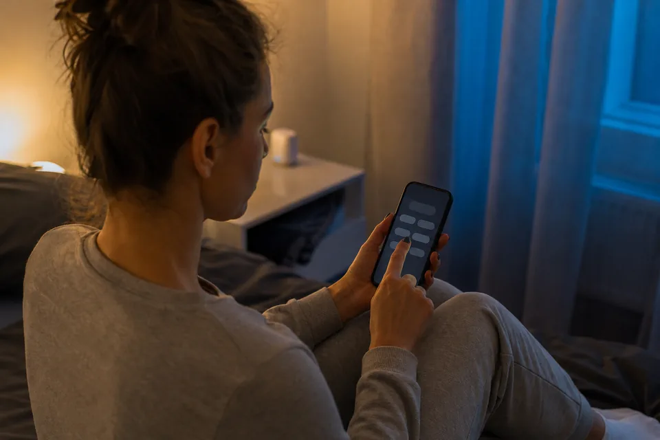 Adult woman on a bed at night tapping answers into a form on her phone