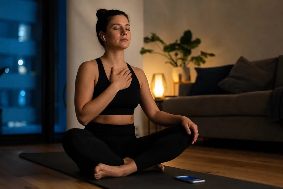 Adult woman doing a breathing exercise on a yoga mat in a dim living room at night with earbuds in