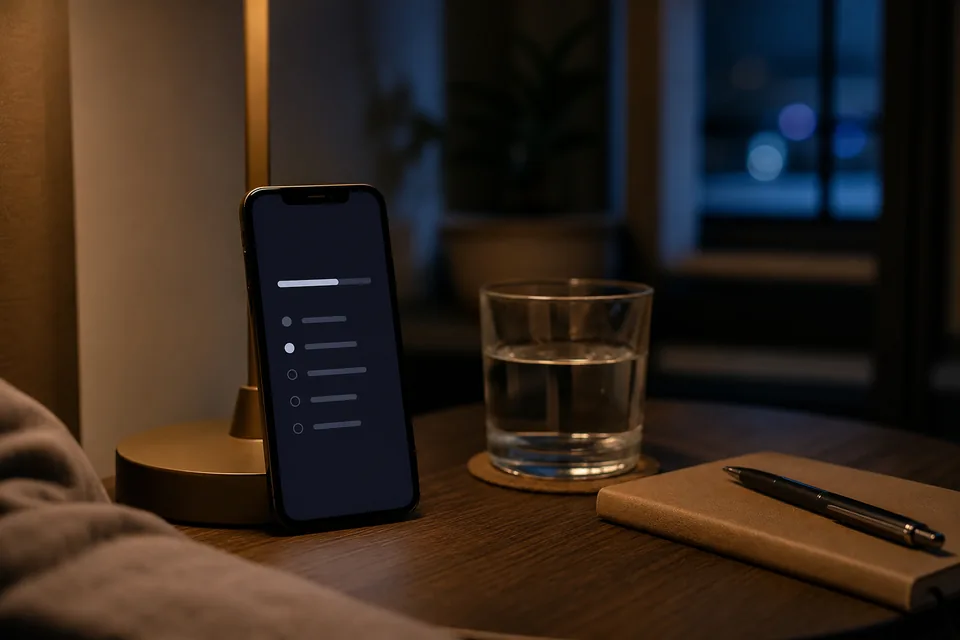 Bedside table at night with a phone showing a progress screen, a glass of water and a notebook